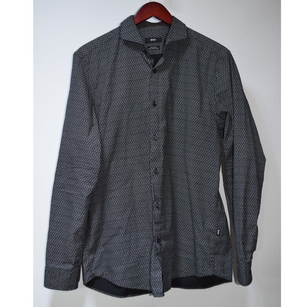 Hugo Boss BOSS Slim Fit Black Geometric Print Button Down Shirt Large